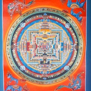 May include: A colorful mandala with a square pattern in the center surrounded by a circle of intricate designs and text. The mandala is set against a red background with blue borders and four mythical creatures in the corners.