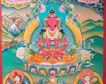 手描きの阿弥陀如来タンカ｜長寿と治癒の神｜チベット仏教｜伝統的な