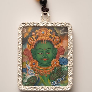 Green Tara Thangka with Locket | Tibetan Buddhist Deity Art & Amulet | Handcrafted Himalayan Pendant for Protection and Serenity