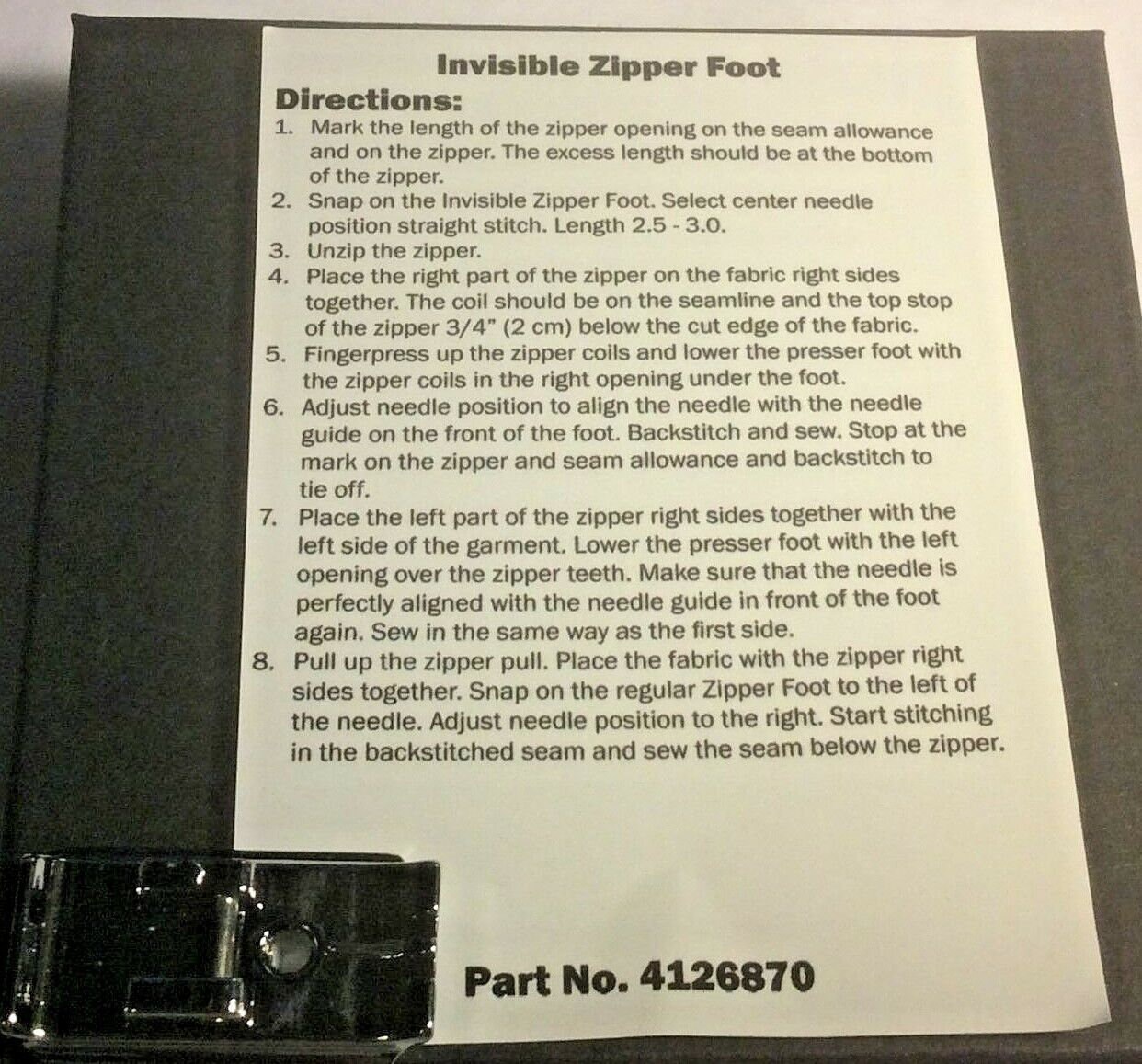 Invisible Zipper Foot Viking Husqvarna Sewing Machine 412687045 Fit 17