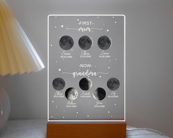 Luz noturna personalizada de fase lunar para mãe e avó com nome das crianças, presente personalizado de fase lunar por data, placa de presente de família para o dia das mães, lâmpada LED