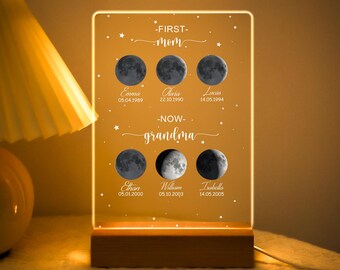 Luz noturna personalizada com fases da lua e nome, lâmpada LED para presente de dia das mães, placa de acrílico para presente de filha para mãe, luz personalizada com fases da lua
