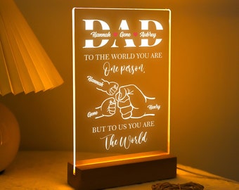 Father’s Day Gift, Fist Bump with Name Night Light, Family Hands LED Light, Daddys Team Plaque with Base, Birthday Gift For New Father