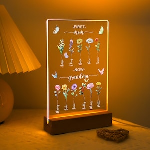 Personalisierte Nachtlicht Mama Geschenk mit Basis, Geburtsblume Nachtlampe, Benutzerdefinierte Name Kinderzimmer Dekor Nachtlicht, Muttertag Ideale Geschenk Plaque