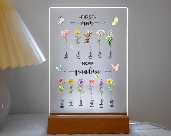 First Mom Now Grandma Gift Night Light, Mother Day Gift, Ideal Mom Gift, Mum Birthday Gift, Nana Gift Personalized Flower Birth Month Garden