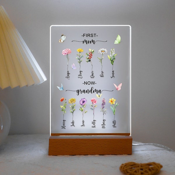 First Mom Now Grandma Gift Night Light, Mother Day Gift, Ideal Mom Gift, Mum Birthday Gift, Nana Gift Personalized Flower Birth Month Garden