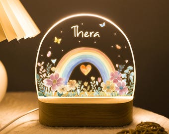 Personalized Rainbow with Floral Night Light, Custom Night Light for Baby Girl, Toddler Bedside Night Light, Flower Lamp for Nursery Decor