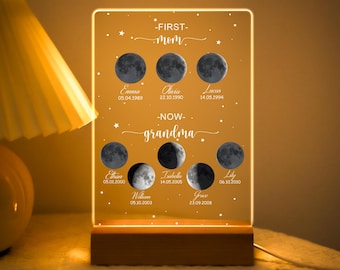 Luz de noche personalizada con fases lunares para mamá, regalo personalizado con fases lunares por fecha, regalo para el Día de la Madre (primera mamá, ahora abuela), decoración de habitación con luz LED