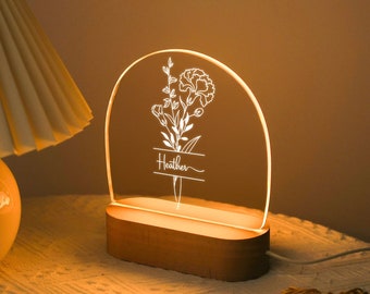 Personalized Night Lamp with Birth Flower, Custom Led Night Lamp, Custom Night Light with Name, Birthday Gift, Birth Flower Night Light