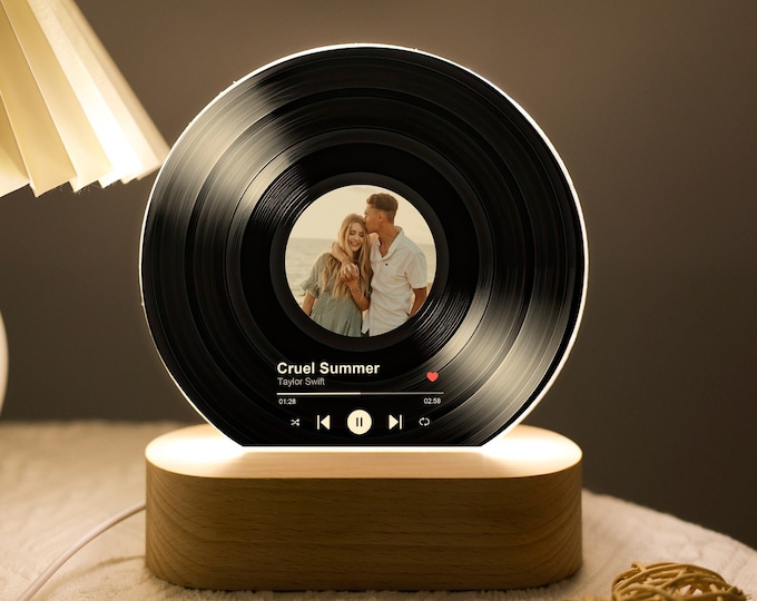 Personalised Vinyl Record Night Light, Music with Photo Acrylic Plaque, Bedroom Decor, LED Nightlight, Unique Record Display, Gift for Lover