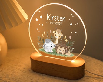 Personalized Night Light with Name, Woodland Animals Forest Night Light Wooden Base Baby Shower Gift Nursery Light Lion Giraffe Elephant