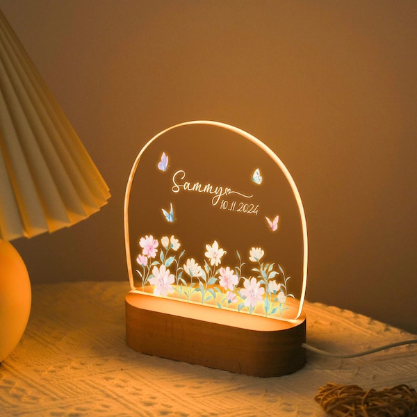 Personalized Floral Butterfly Name Night Light, Birthday Gift for Her, Bedroom Bedside Light, Cute Flower Night Lamp, Mother's Day Gift