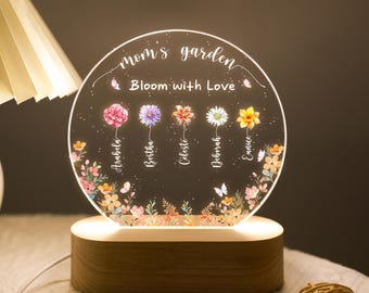 Personalized Grandma's Mom's Garden Night Light, Custom Birth Month Flower Plaque, Floral LED Lamp, Gifts for Grandma from Grandkids