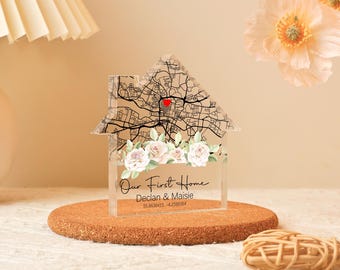 Personalized Housewarming Gift, Custom Home Map, First Home Gift, Location Housewarming Gift, Moving Present, House Shape Plaque Block Gift