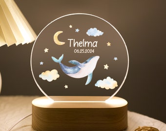 Luz nocturna de ballena personalizada, luces nocturnas de decoración de guardería con nombre personalizado, regalo de 1er cumpleaños, regalo de niño, regalo de niña, regalos de cumpleaños