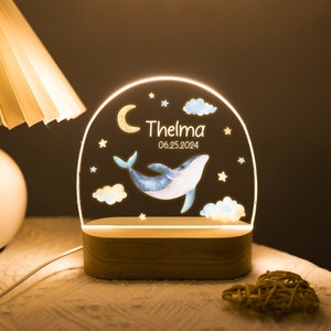 Personalized Whale Night Light, Bedroom Bedside Light, Nursery Light, Night Lamp Baptism Gift for Kids, Elephant veilleuse bébé personnalisé