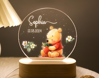 Spersonalizowana lampka nocna z uroczym misiem, tabliczka z uroczymi zwierzakami Kubusia Puchatka, lampka nocna LED dla dziecka, podświetlany napis dla dzieci, akrylowa lampka nocna