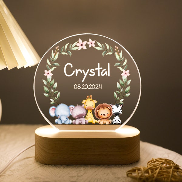 Personalized Night Light with Name and Date Woodland Animals Forest Acrylic LED Light Gift Wooden base Baby Gift Child Bedroom Nursery Light