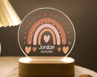 Personalised Rainbow Night Light with Name and Date, Birthday Gift for Kids, Bedroom Bedside Light, Cute Animal Night Lamp Baby Baptism Gift