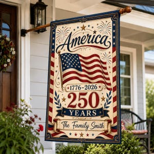 Puede incluir: Una bandera decorativa con la bandera estadounidense, fuegos artificiales y estrellas. La bandera tiene el texto "America" en una fuente decorativa, junto con "1776-2026 250 YEARS The Family Smith" en un pergamino.
