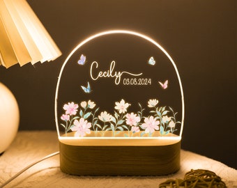 Luz nocturna personalizada con nombre de mariposa floral, regalo de cumpleaños para ella, luz junto a la cama del dormitorio, lámpara nocturna de animales lindos, regalo del día de San Valentín