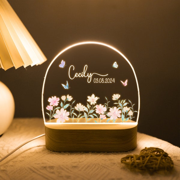 Personalized Floral Butterfly Name Night Light, Birthday Gift for Her, Bedroom Bedside Light, Cute Animal Night Lamp, Valentine's Day Gift