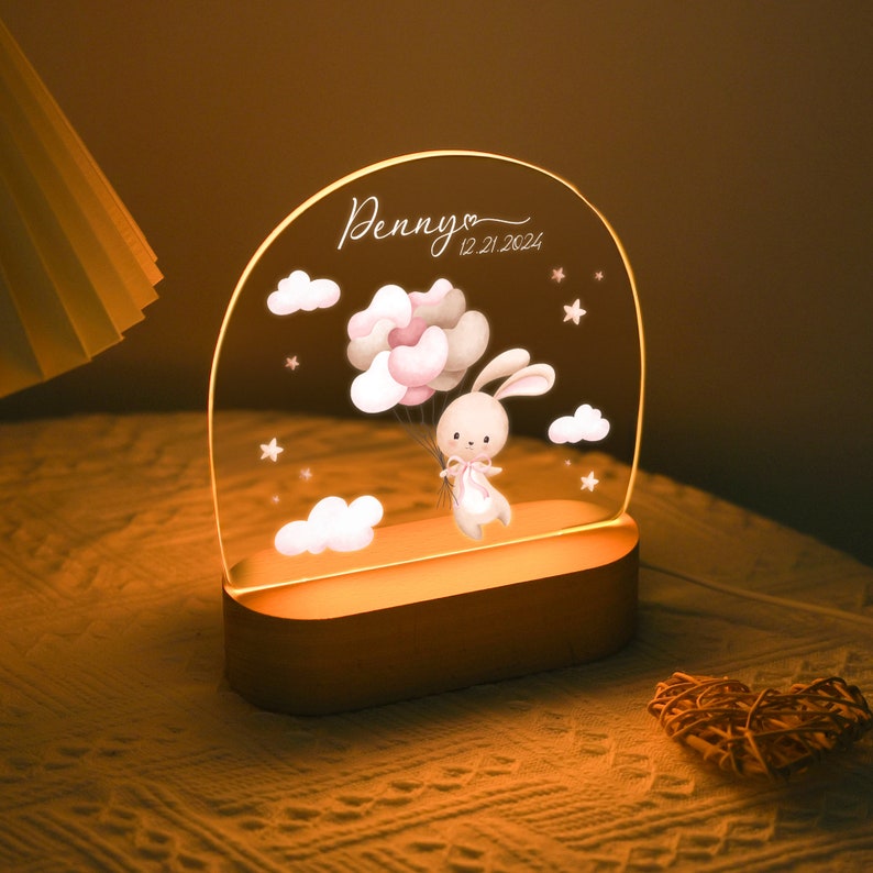 Cute Rabbit Personalized Name Night Light Acrylic LED Light Gift Wooden base Baby Gift Children Bedroom Nursery Light Birthday Gift for Kids Warm Light