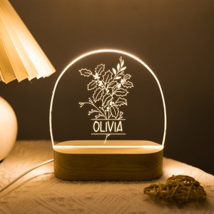 Geburtsmonat Blume Name Nachtlicht, Blumennachtlicht Acryl LED Licht Geschenk Holzsockel, Schlafzimmer Dekor Zimmerlampe, Geburtstagsgeschenk für Sie