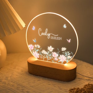 Personalized Butterfly Flower Night Light, Lamp with Name and Date, Gift for Kids, Bedroom Bedside Light, Cute Night Lamp Baby Baptism Gift Design 4