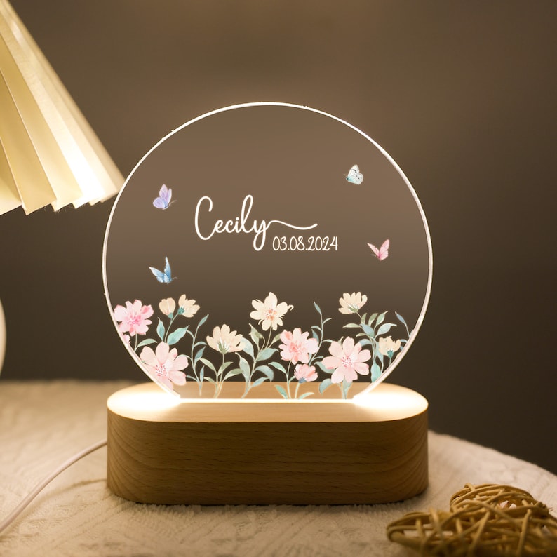 Personalized Butterfly Flower Night Light, Lamp with Name and Date, Gift for Kids, Bedroom Bedside Light, Cute Night Lamp Baby Baptism Gift image 1