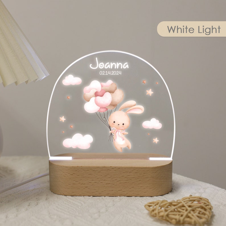 Cute Rabbit Personalized Name Night Light Acrylic LED Light Gift Wooden base Baby Gift Children Bedroom Nursery Light Birthday Gift for Kids White Light