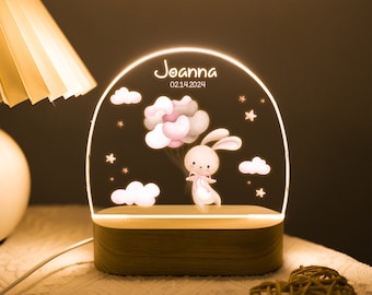 Cute Rabbit Personalized Name Night Light Acrylic LED Light Gift Wooden base Baby Gift Children Bedroom Nursery Light Birthday Gift for Kids