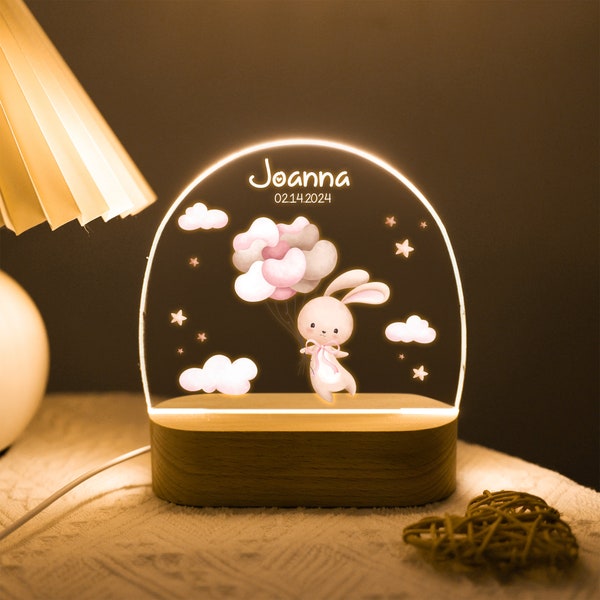 Lapin mignon nom personnalisé veilleuse acrylique lumière LED cadeau base en bois cadeau bébé cadeau chambre d'enfants chambre d'enfant lumière cadeau d'anniversaire pour les enfants