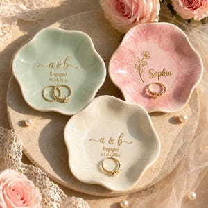 Custom Ceramic Engaged Ring Tray, Personalized Wedding Ring Holder, Initials Date Trinket Dish, Bridal Shower Gift for Couple, Bride Gift