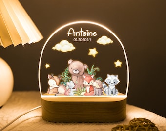 Personalised Name Night Light Woodland Animals Forest LED Light Gift Wooden Base Baby Gift Children Bedroom Nursery Light 1st Birthday Gift