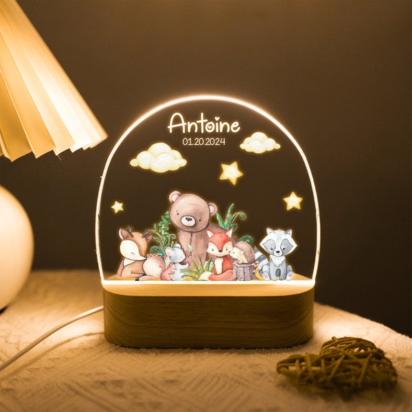 Veilleuse nom personnalisé animaux de la forêt forêt lumière LED cadeau socle en bois cadeau bébé cadeau chambre d'enfants lumière de chambre d'enfant 1er cadeau d'anniversaire