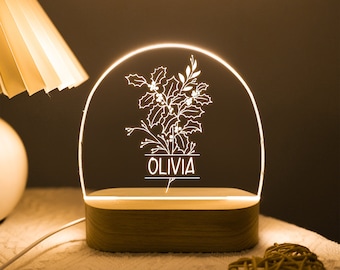 Veilleuse fleur de naissance avec nom, lampe LED acrylique, cadeau d'anniversaire, base en bois, lampe de chambre, cadeau pour elle, cadeau d'anniversaire