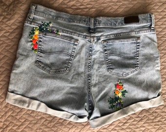 Embroidered Denim Shorts - Etsy