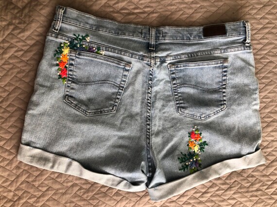 Floral Embroidered Denim Shorts | Etsy