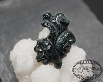 DOUBLE MAYAN FACE //Dark Jaguar Green // Carved in Guatemalan Jadeite Jade // Maya Necklace Pendant // Mayan Mountain