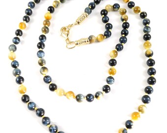 NEC 102:  Beautiful Handmade Long Necklace with knotted gold-Blue Tiger Eye beads, with 18K gold filled end chain and lobster clasp