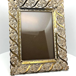 Vintage Frame Metal Vertical Frame Goldtone Filigree Open Work Frame White Wash 5x7, Stand Alone Photo Picture Frame