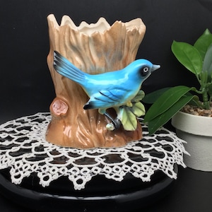 Vintage INARCO Ceramic 3-D Blue Bird Perched on a Tree Branch Indoor Planter, JAPAN.