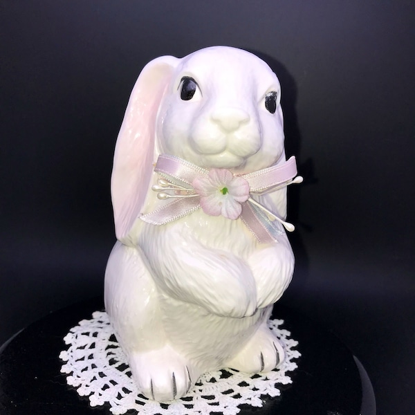 Vintage House of Lloyd White Ceramic Easter Bunny Rabbit Shaped Planter w/Pink Flower Collar, 1989