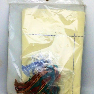 Puede incluir: Una bolsa de pl&aacute;stico que contiene un kit de punto de cruz con una tela de color crema, hilo de bordar azul y una variedad de hilos de bordar de colores.