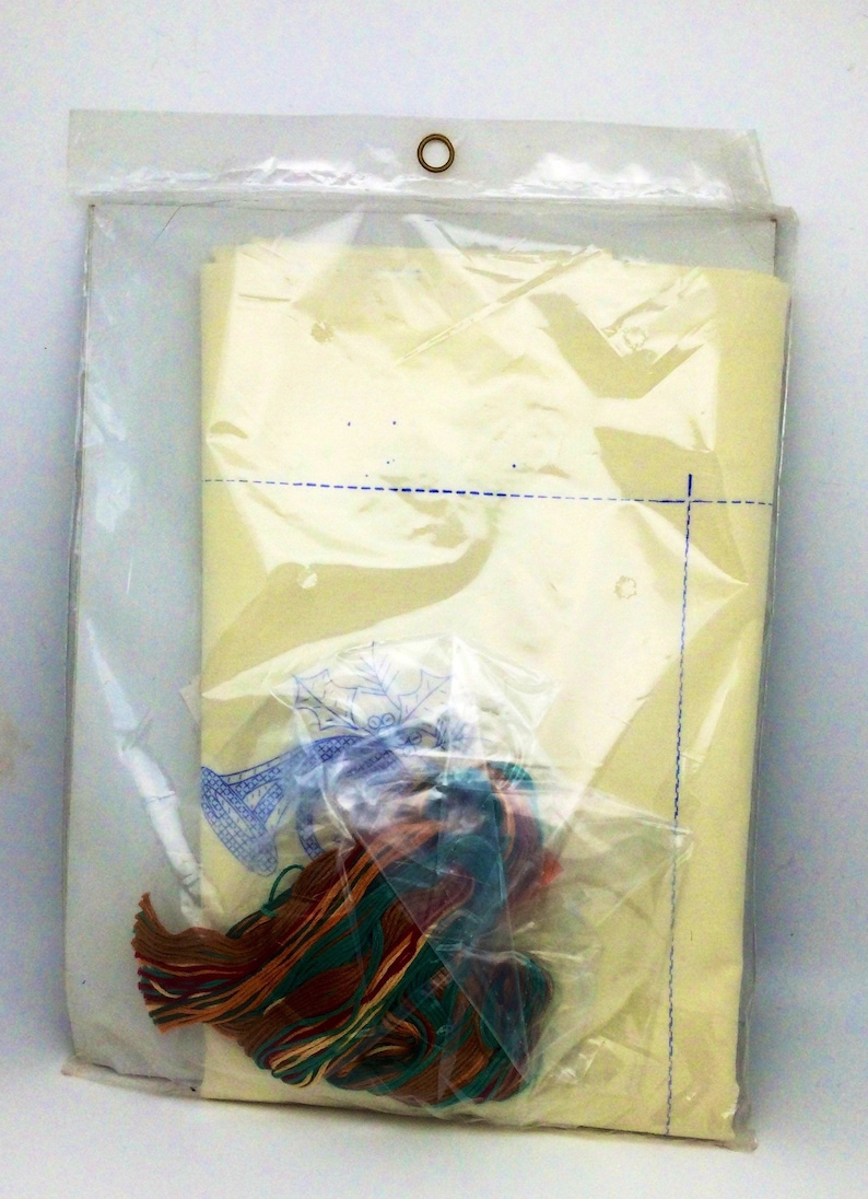 Puede incluir: Una bolsa de pl&aacute;stico que contiene un kit de punto de cruz con una tela de color crema, hilo de bordar azul y una variedad de hilos de bordar de colores.