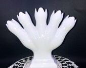 Vintage White Glazed Pottery Five Finger Fan Tulipiere Leart Flower Footed Vase, PORTUGAL