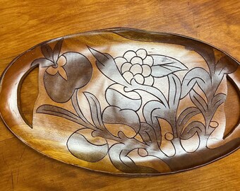 Hand Carved Acacia Wood Dish Tray, Fruit & Foliage Decor