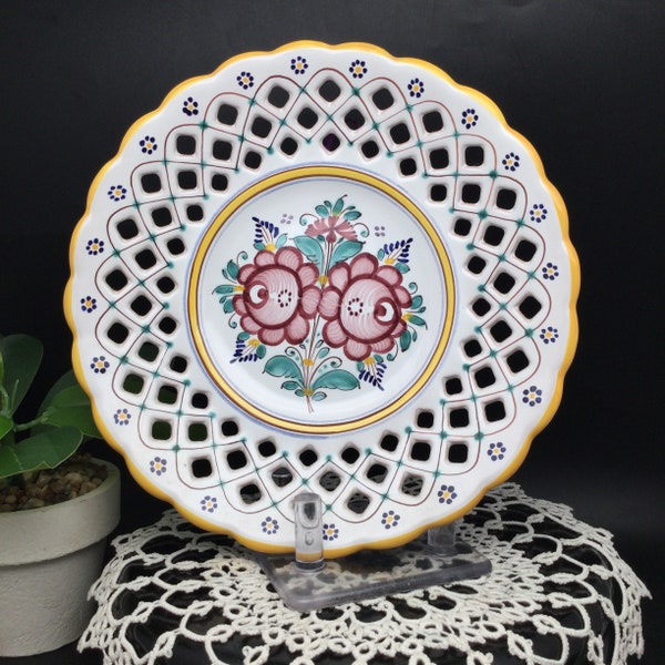 Hand-painted Majolica Folk Art Plate, Wall Hanging Lattice Reticulated Edged Plate Modra, Bratislav, Slovakia