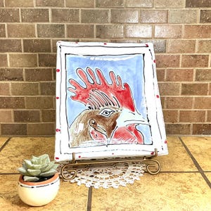 Hand-made Hand-painted Glazed Redware Small Irregular Square Trinket Dish Rooster Chicken Decor, Artist Signed